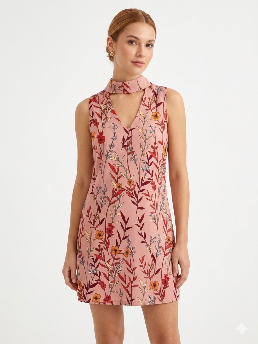 Glamorous Pink Floral Choker Neck Mini Dress
